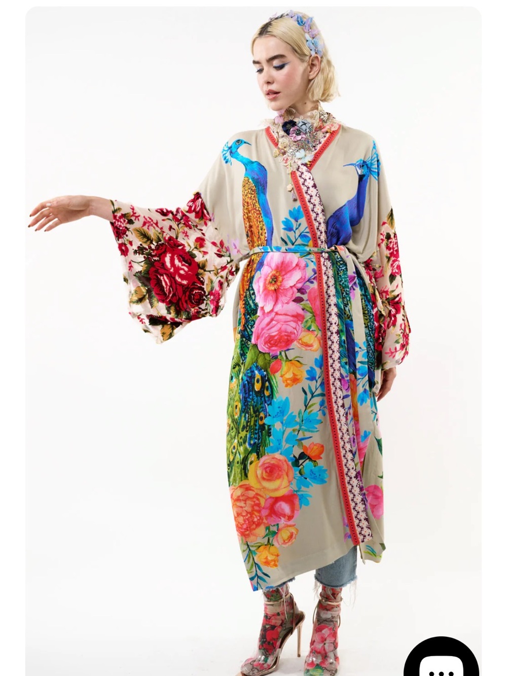 NWT Aratta Purple Floral fantasy Kimono Duster with Mustard Interior one size